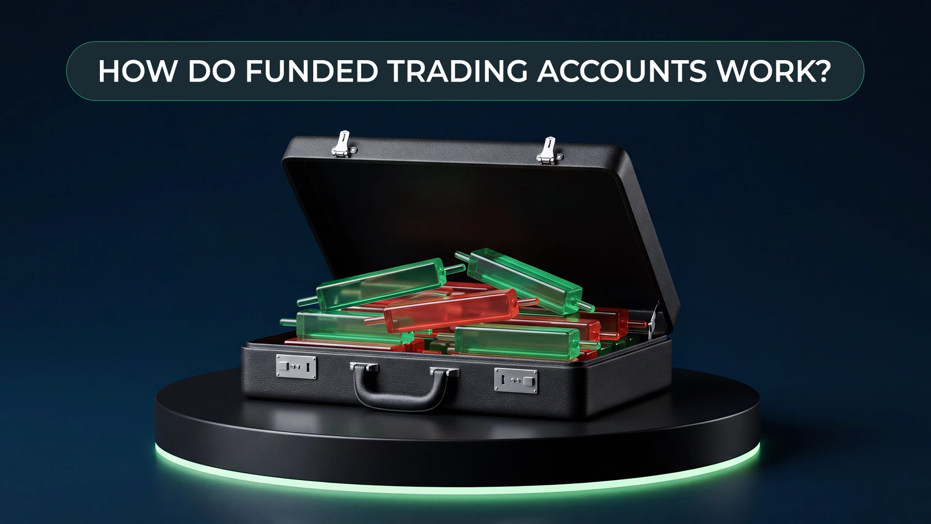 Open briefcase full of green and red candlesticks, illustrating how funded trading accounts work.