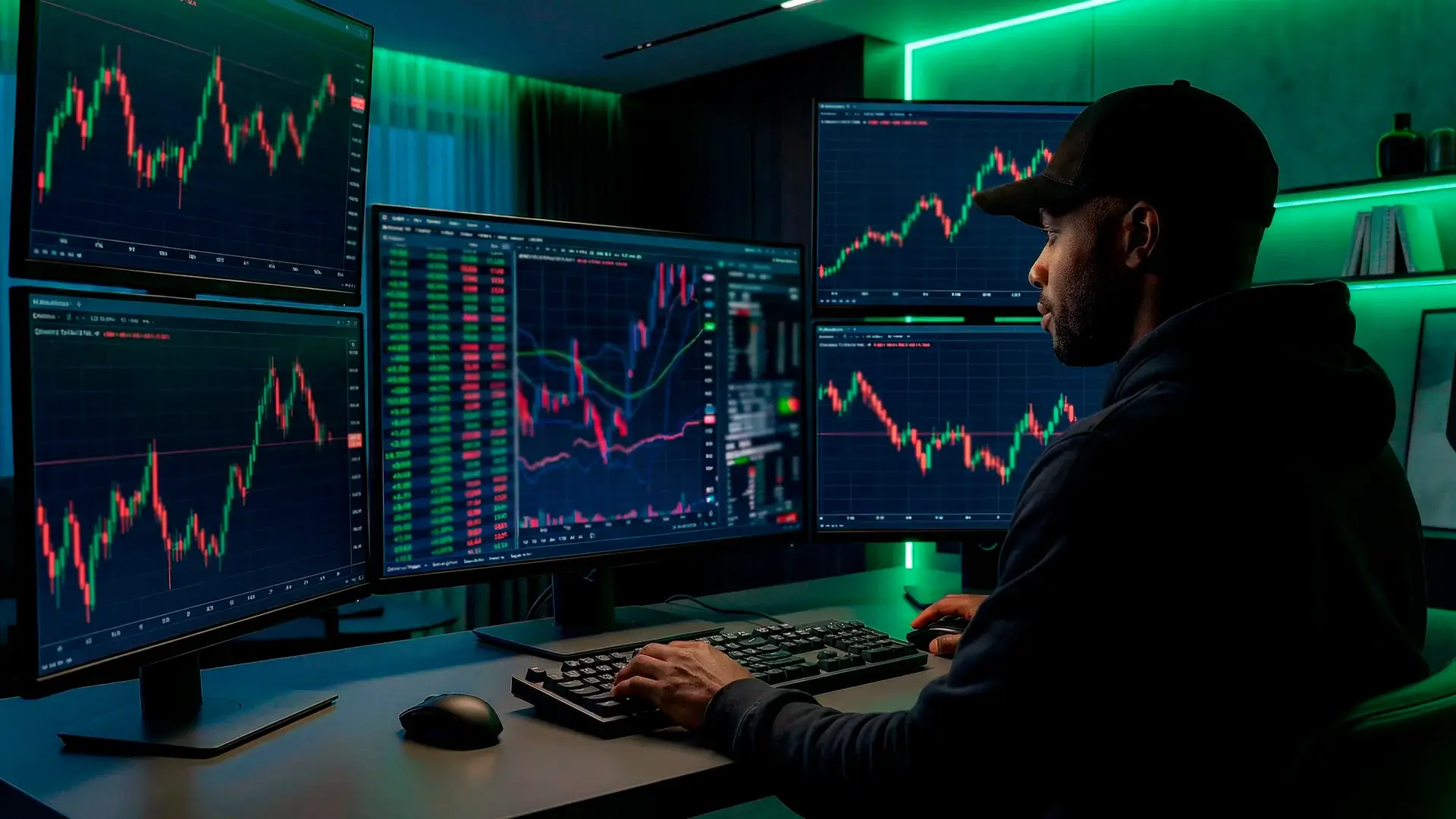 Trader monitoring multiple financial screens with candlestick charts, analyzing futures and equity options.
