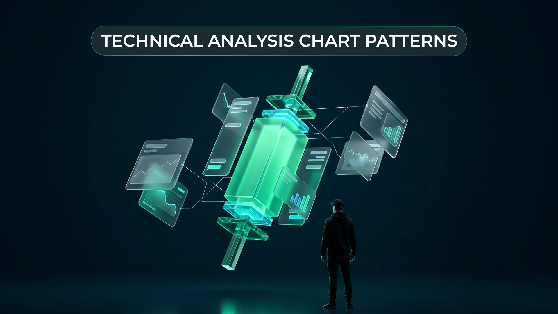 Digital illustration of a candlestick chart with technical indicators.
