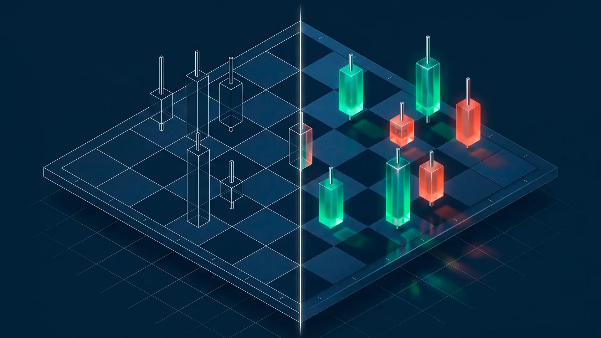 An isometric illustration of a chessboard split in half, showing wireframe outlines of candlestick charts on the simulated side and glowing green and red 3D candlesticks on the live market side.