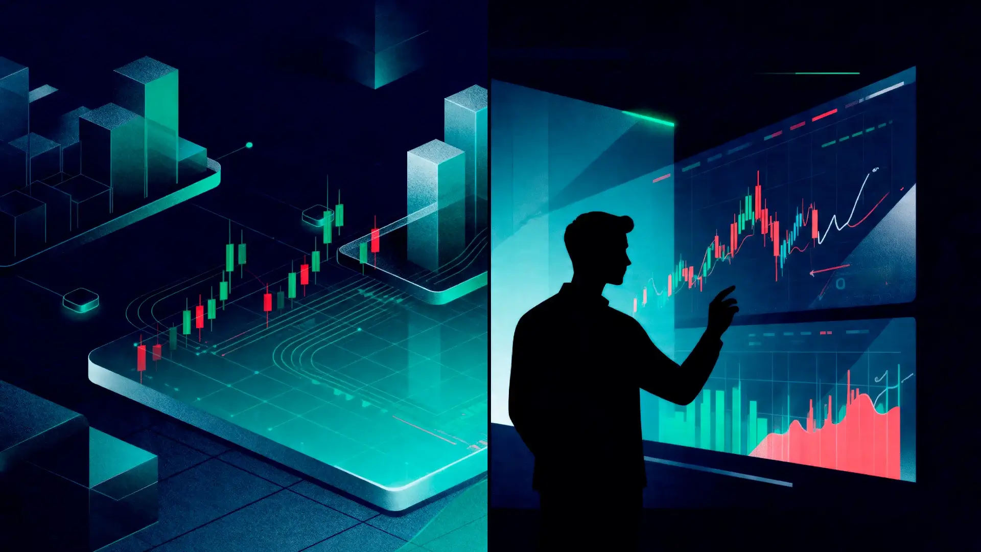 A split-screen illustration comparing systematic trading data visualizations with a trader’s silhouette performing discretionary market analysis.