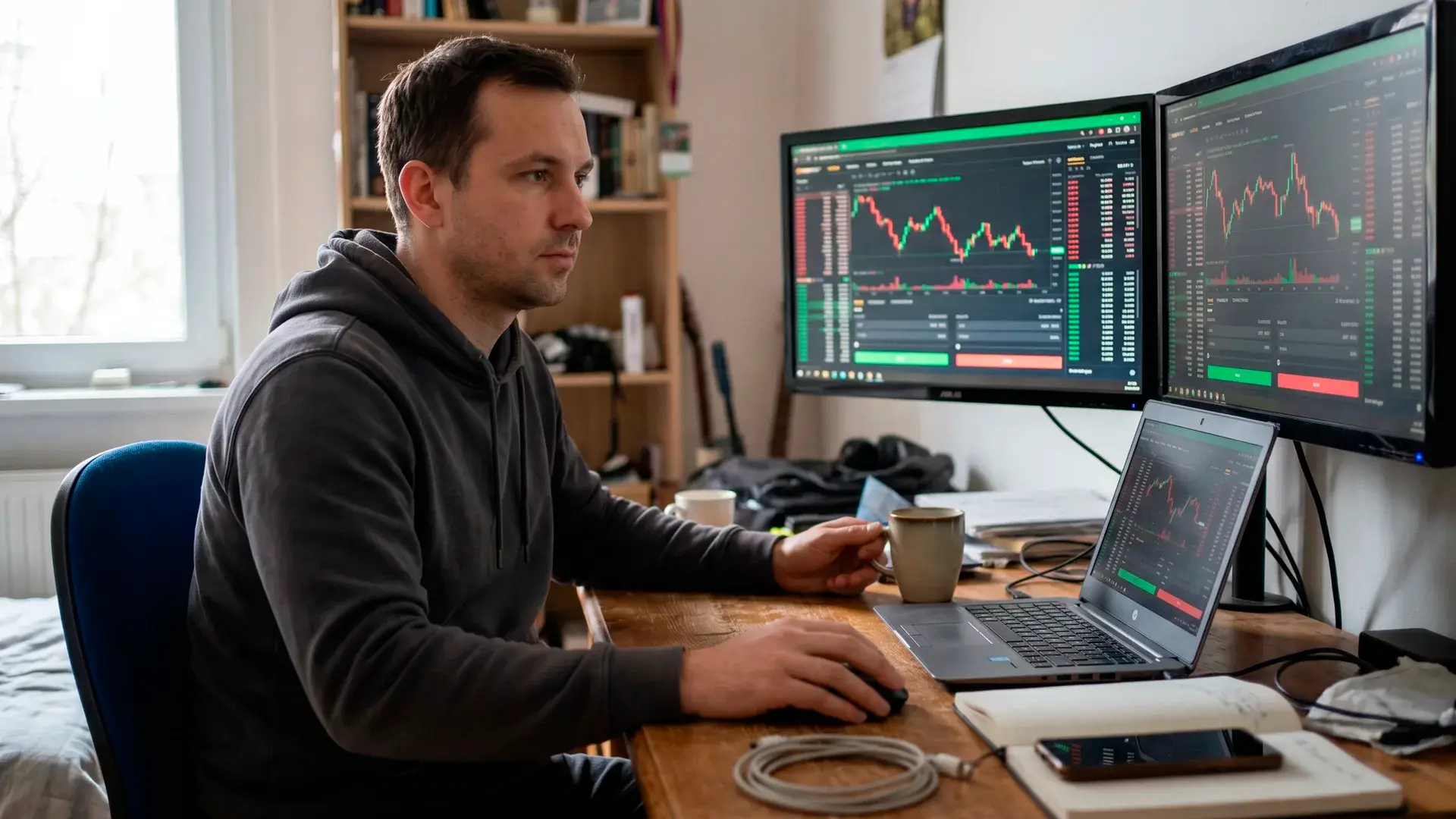 A focused male trader sitting at a home desk with multiple monitors displaying red and green candlestick charts, illustrating the commitment required for funded account management.